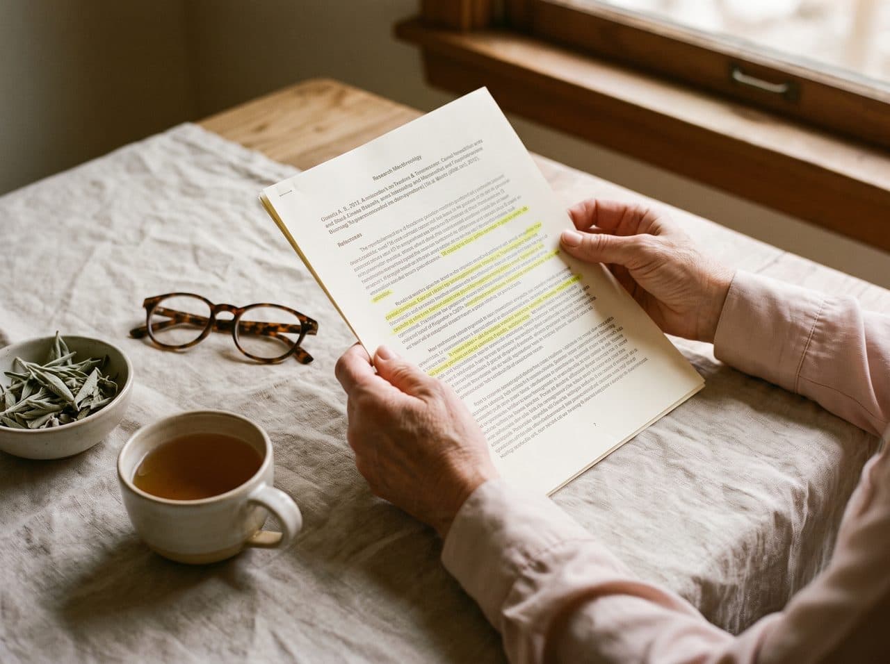 Hands holding a highlighted research paper