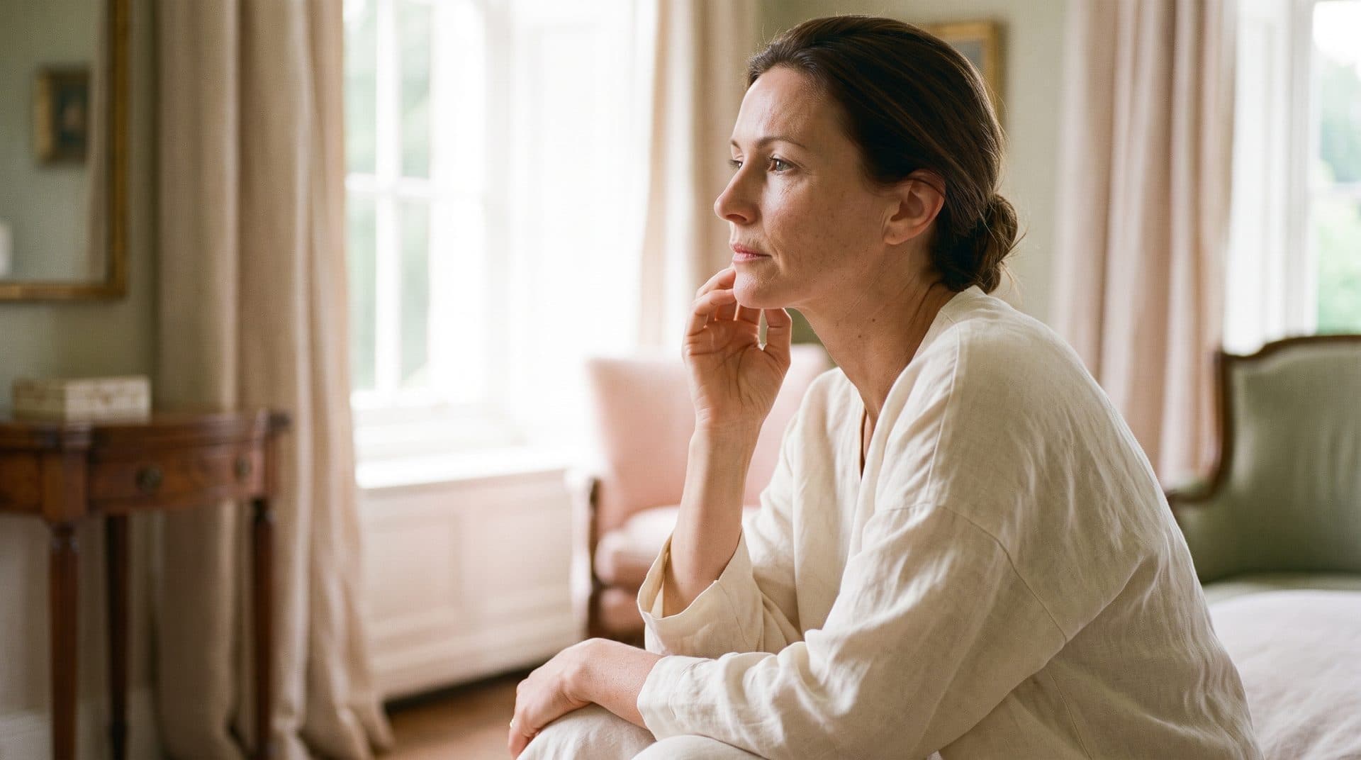 Woman with natural, unretouched skin in soft window light